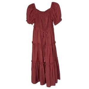 Scarlet Darkness Tiered Midi Dress Puff Sleeve Square Neck Boho‎ Festival Small
